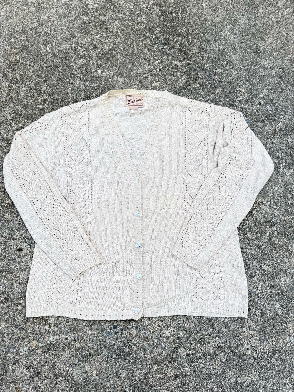 Woolrich Cream Openwork Silk Blend Knit Cardigan Shell Buttons Size M